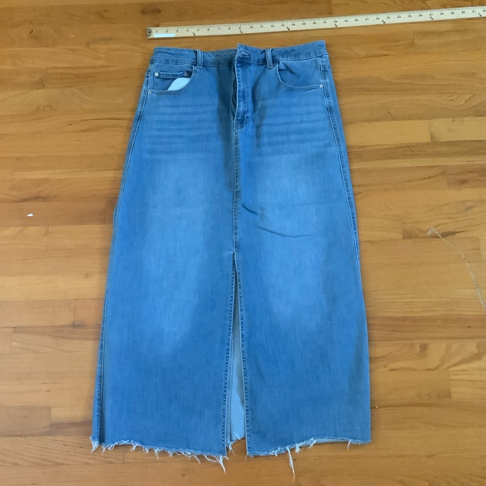 Oat New York Light Blue Denim Midi Skirt with Center Front Slit